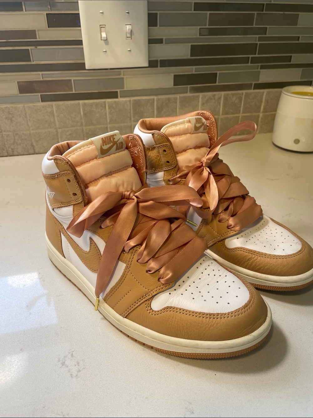 Nike Women’s High-Top Sneakers in Tan and White with Satin Laces